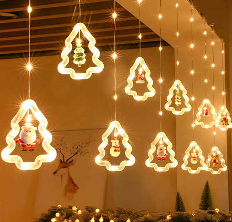 Cortina de luces navideñas blancas con figuras